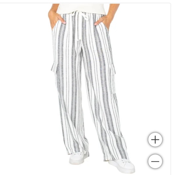 New Roxy Women's Linen Blend Cargo Pant  white strips lightweight - Picture 1 of 7